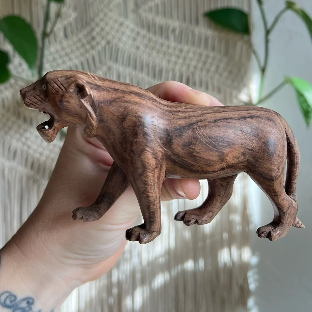 Vintage Hand-Carved Wooden Tiger Figurine Teak Jungle Cat Sculpture Safari Decor
